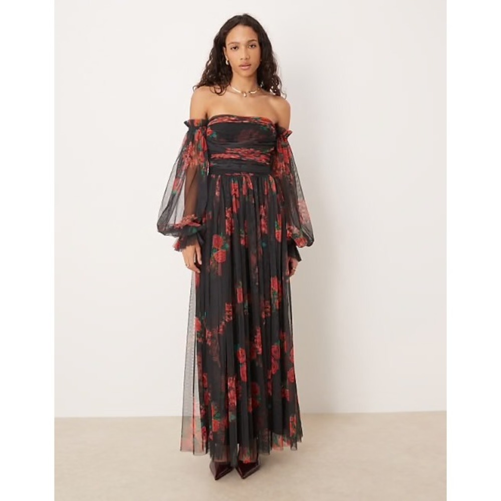 NWT Lace & Beads Off Shoulder Tulle Maxi Dress Black Rose Witchy Whimsygoth 10